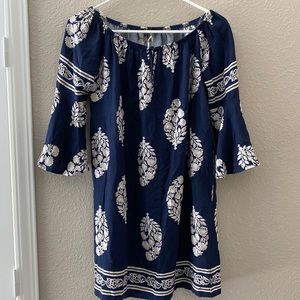 IRIS Women's Navy and White Mini Dress with Bell Sleeves  Size Small